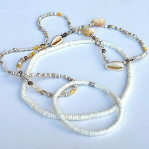 Shell Necklace Set Bracelet/Anklet, White Puka Shells Long Seashells‎ (3 pieces)